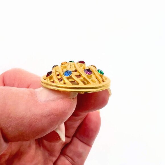 Gold tone round open work clip earrings with multicolor rhinestones accent - Picture 3 of 4